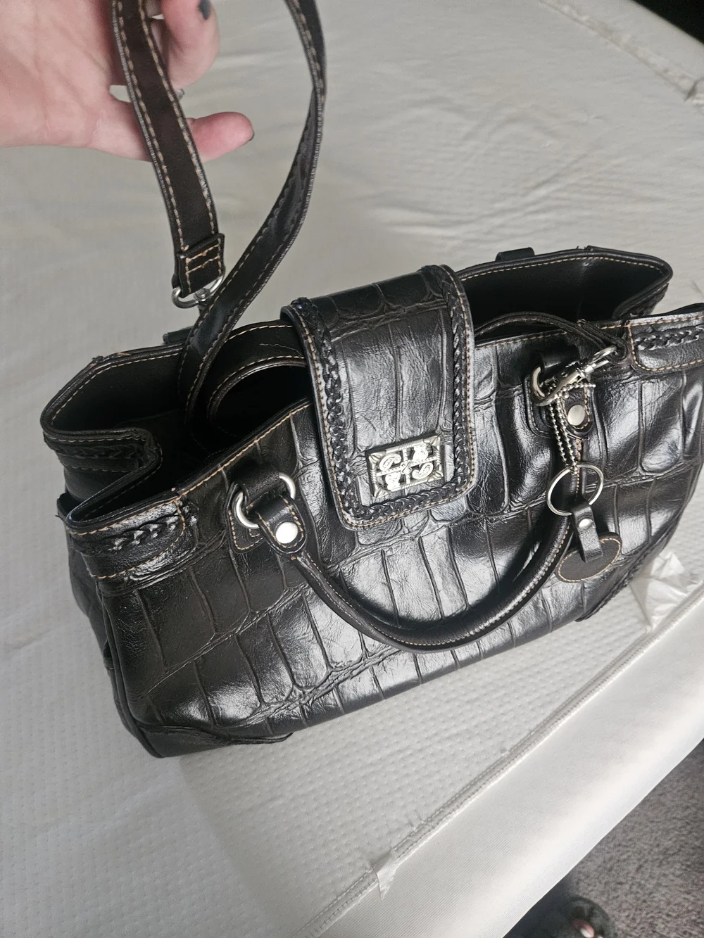 Black Croc-Embossed Leather Top-Handle Bag